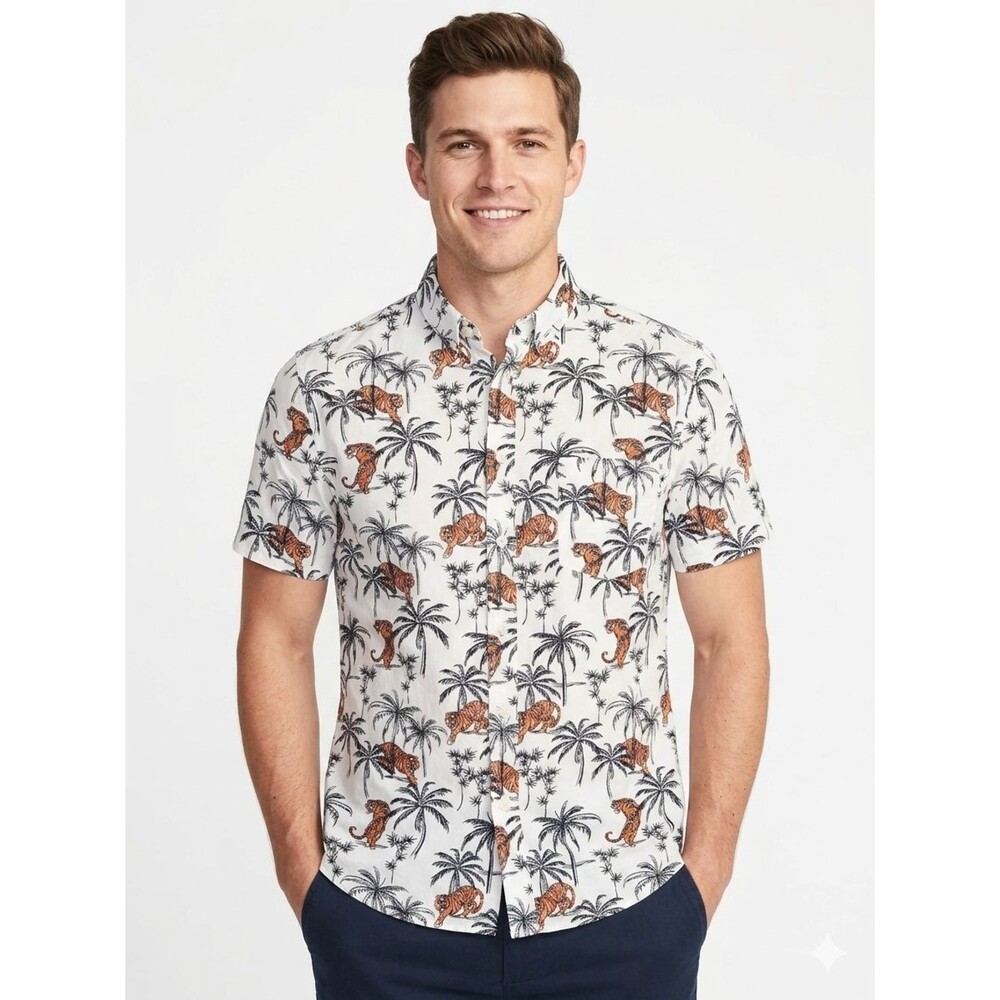Goodfellow & Co Slim Fit Tiger & Palm Tree Print Button Down Shirt Size Medium